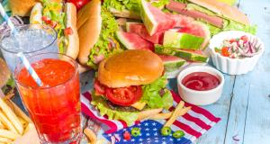 Photo of hamburgers and drinks on a table