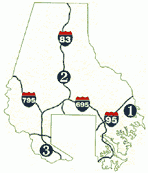 A map of Baltimore County outlining which drop-off facilities serve various areas of Baltimore County.